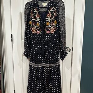 Anthropologie Navy Dress with Floral Embroidery